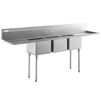 Regency 103" 16-Gauge Stainless Steel Three Compartment Commercial Sink with Galvanized Steel Legs and 2 Drainboards - 17" x 17" x 12" Bowls