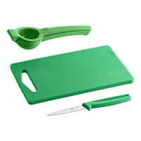 Choice 10" x 6" x 1/2" Green Bar Size Cutting Board and Lime Prep Set