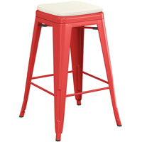 Lancaster Table & Seating Alloy Series Red Stackable Metal Indoor / Outdoor Industrial Cafe Counter Height Stool with Tan Fabric Magnetic Cushion