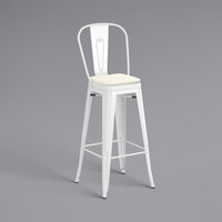 Lancaster Table & Seating Alloy Series White Stackable Metal Outdoor Cafe Barstool with Tan Fabric Magnetic Cushion