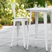 Lancaster Table & Seating Alloy Series White Metal Outdoor Cafe Barstool with Tan Fabric Magnetic Cushion