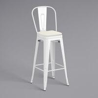Lancaster Table & Seating Alloy Series White Metal Outdoor Cafe Barstool with Tan Fabric Magnetic Cushion