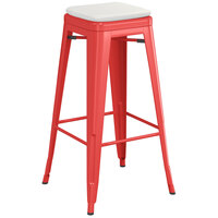 Lancaster Table & Seating Alloy Series Red Stackable Metal Indoor / Outdoor Industrial Barstool with Gray Fabric Magnetic Cushion