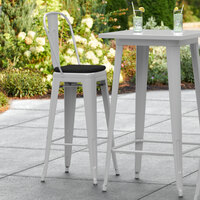 Lancaster Table & Seating Alloy Series Silver Stackable Metal Outdoor Cafe Barstool with Black Fabric Magnetic Cushion
