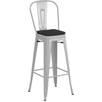 Lancaster Table & Seating Alloy Series Silver Stackable Metal Outdoor Cafe Barstool with Black Fabric Magnetic Cushion