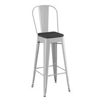 Lancaster Table & Seating Alloy Series Silver Outdoor Cafe Barstool with Black Fabric Magnetic Cushion