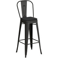 Lancaster Table & Seating Alloy Series Black Stackable Metal Outdoor Cafe Barstool with Black Fabric Magnetic Cushion