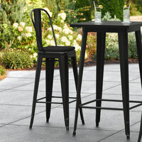 Lancaster Table & Seating Alloy Series Black Metal Outdoor Cafe Barstool with Black Fabric Magnetic Cushion