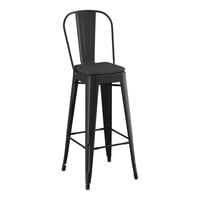 Lancaster Table & Seating Alloy Series Onyx Black Outdoor Cafe Barstool with Black Fabric Magnetic Cushion