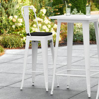 Lancaster Table & Seating Alloy Series White Metal Outdoor Cafe Barstool with Black Fabric Magnetic Cushion
