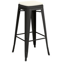 Lancaster Table & Seating Alloy Series Black Stackable Metal Indoor / Outdoor Industrial Barstool with Tan Fabric Magnetic Cushion