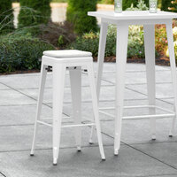 Lancaster Table & Seating Alloy Series White Stackable Metal Indoor / Outdoor Industrial Barstool with Gray Fabric Magnetic Cushion