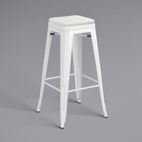 Lancaster Table & Seating Alloy Series White Stackable Metal Indoor / Outdoor Industrial Barstool with Gray Fabric Magnetic Cushion