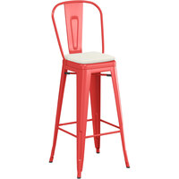 Lancaster Table & Seating Alloy Series Red Metal Outdoor Cafe Barstool with Tan Fabric Magnetic Cushion