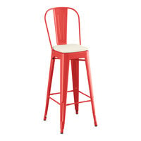 Lancaster Table & Seating Alloy Series Ruby Red Outdoor Cafe Barstool with Tan Fabric Magnetic Cushion