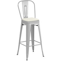 Lancaster Table & Seating Alloy Series Silver Metal Outdoor Cafe Barstool with Tan Fabric Magnetic Cushion