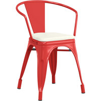 Lancaster Table & Seating Alloy Series Red Stackable Metal Indoor / Outdoor Industrial Cafe Arm Chair with Tan Fabric Magnetic Cushion