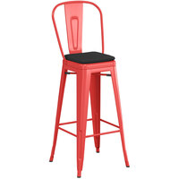 Lancaster Table & Seating Alloy Series Red Stackable Metal Outdoor Cafe Barstool with Black Fabric Magnetic Cushion