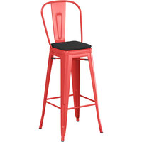 Lancaster Table & Seating Alloy Series Red Metal Outdoor Cafe Barstool with Black Fabric Magnetic Cushion