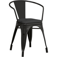 Lancaster Table & Seating Alloy Series Black Stackable Metal Indoor / Outdoor Industrial Cafe Arm Chair with Black Fabric Magnetic Cushion