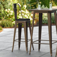 Lancaster Table & Seating Alloy Series Copper Stackable Metal Outdoor Cafe Barstool with Black Fabric Magnetic Cushion