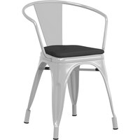 Lancaster Table & Seating Alloy Series Silver Stackable Metal Indoor / Outdoor Industrial Cafe Arm Chair with Black Fabric Magnetic Cushion