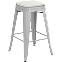 Lancaster Table & Seating Alloy Series Silver Stackable Metal Indoor / Outdoor Industrial Cafe Counter Height Stool with Gray Fabric Magnetic Cushion