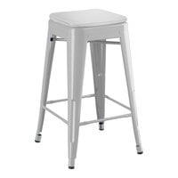 Lancaster Table & Seating Alloy Series Silver Outdoor Backless Counter Height Stool with Gray Fabric Magnetic Cushion
