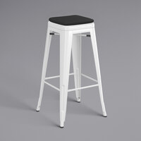 Lancaster Table & Seating Alloy Series White Stackable Metal Indoor / Outdoor Industrial Barstool with Black Fabric Magnetic Cushion