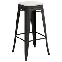 Lancaster Table & Seating Alloy Series Black Stackable Metal Indoor / Outdoor Industrial Barstool with Gray Fabric Magnetic Cushion