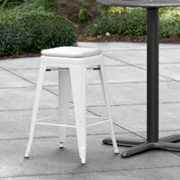 Lancaster Table & Seating Alloy Series White Stackable Metal Indoor / Outdoor Industrial Cafe Counter Height Stool with Gray Fabric Magnetic Cushion