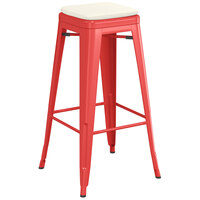 Lancaster Table & Seating Alloy Series Red Stackable Metal Indoor / Outdoor Industrial Barstool with Tan Fabric Magnetic Cushion