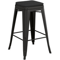 Lancaster Table & Seating Alloy Series Black Stackable Metal Indoor / Outdoor Industrial Cafe Counter Height Stool with Black Fabric Magnetic Cushion