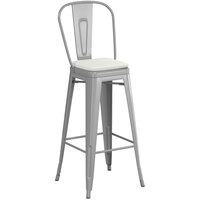 Lancaster Table & Seating Alloy Series Silver Stackable Metal Outdoor Cafe Barstool with Gray Fabric Magnetic Cushion