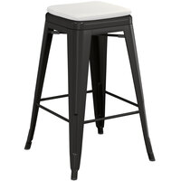 Lancaster Table & Seating Alloy Series Black Stackable Metal Indoor / Outdoor Industrial Cafe Counter Height Stool with Gray Fabric Magnetic Cushion