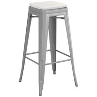 Lancaster Table & Seating Alloy Series Silver Stackable Metal Indoor / Outdoor Industrial Barstool with Gray Fabric Magnetic Cushion