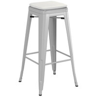 Lancaster Table & Seating Alloy Series Silver Stackable Metal Indoor / Outdoor Industrial Barstool with Gray Fabric Magnetic Cushion