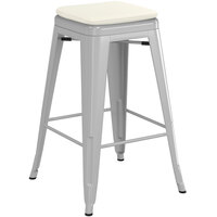 Lancaster Table & Seating Alloy Series Silver Outdoor Backless Counter Height Stool with Tan Fabric Magnetic Cushion
