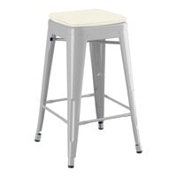Lancaster Table & Seating Alloy Series Silver Outdoor Backless Counter Height Stool with Tan Fabric Magnetic Cushion