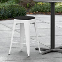 Lancaster Table & Seating Alloy Series White Stackable Metal Indoor / Outdoor Industrial Cafe Counter Height Stool with Black Fabric Magnetic Cushion