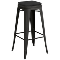 Lancaster Table & Seating Alloy Series Black Stackable Metal Indoor / Outdoor Industrial Barstool with Black Fabric Magnetic Cushion