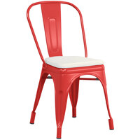 Lancaster Table & Seating Alloy Series Red Stackable Metal Indoor / Outdoor Industrial Cafe Chair with Vertical Slat Back and Gray Fabric Magnetic Cushion