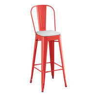 Lancaster Table & Seating Alloy Series Ruby Red Outdoor Cafe Barstool with Gray Fabric Magnetic Cushion