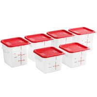 Vigor White Square Polyethylene Food Storage Container and Red Lid Set - 6/Pack