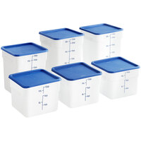 Choice 12/18/22 Qt. Translucent Square Polypropylene Food Storage Container and Blue Lid Variety Set - 6/Pack