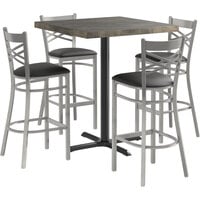 Lancaster Table & Seating 36" x 36" Butcher Block Bar Height Table with 4 Steel Cross Back Black Vinyl Chairs
