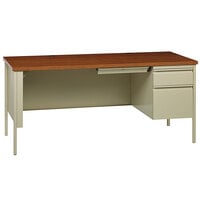 Hirsh Industries 30" x 66" Putty / Oak Office Desk with Center Drawer and Right-Hand Pedestal