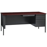 Hirsh Industries 30" x 66" Charcoal / Mahogany Office Desk with Center Drawer and Right-Hand Pedestal