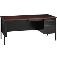 Hirsh Industries 30" x 66" Black / Walnut Office Desk with Center Drawer and Right-Hand Pedestal