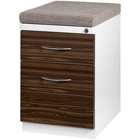 Hirsh Industries 15 inch x 19 7/8 inch x 23 3/4 inch White Mobile Pedestal Filing Cabinet with 2 Walnut Laminate Drawers and Chinchilla Seat Cushion